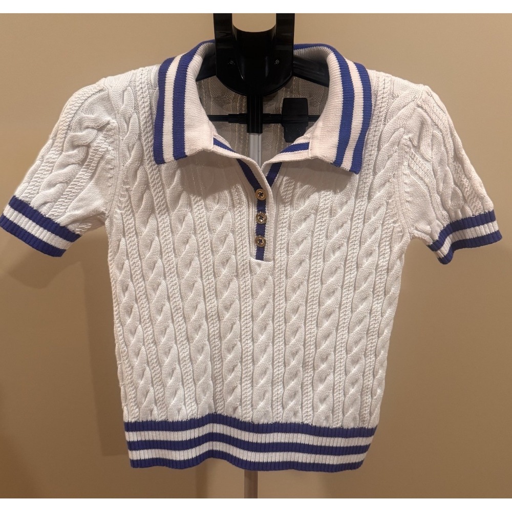 Lilly Pulitzer White Cable Knit Polo Sweater with Blue Trim